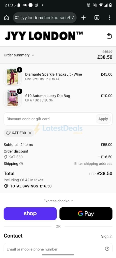 Screenshot of the JYY London discount code working