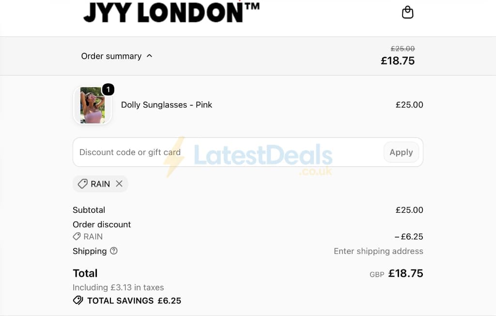 Screenshot of the JYY London discount code working