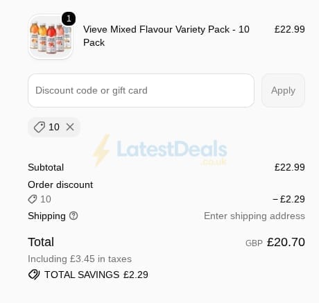 Screenshot of the Vieve discount code working