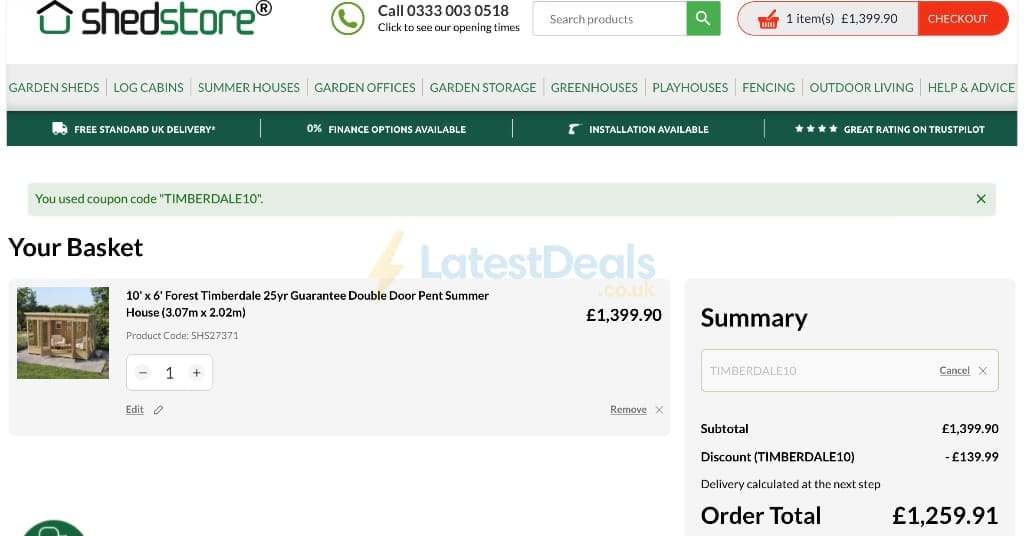 Screenshot of the Shedstore discount code working