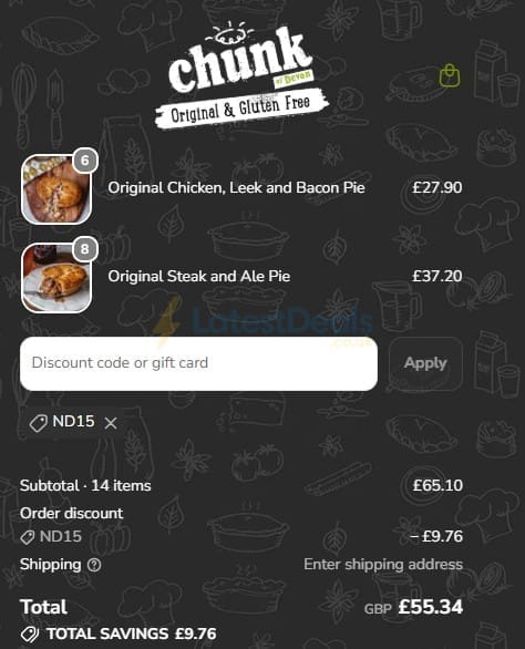 Screenshot of the Chunk Pies & Pasties of Devon discount code working