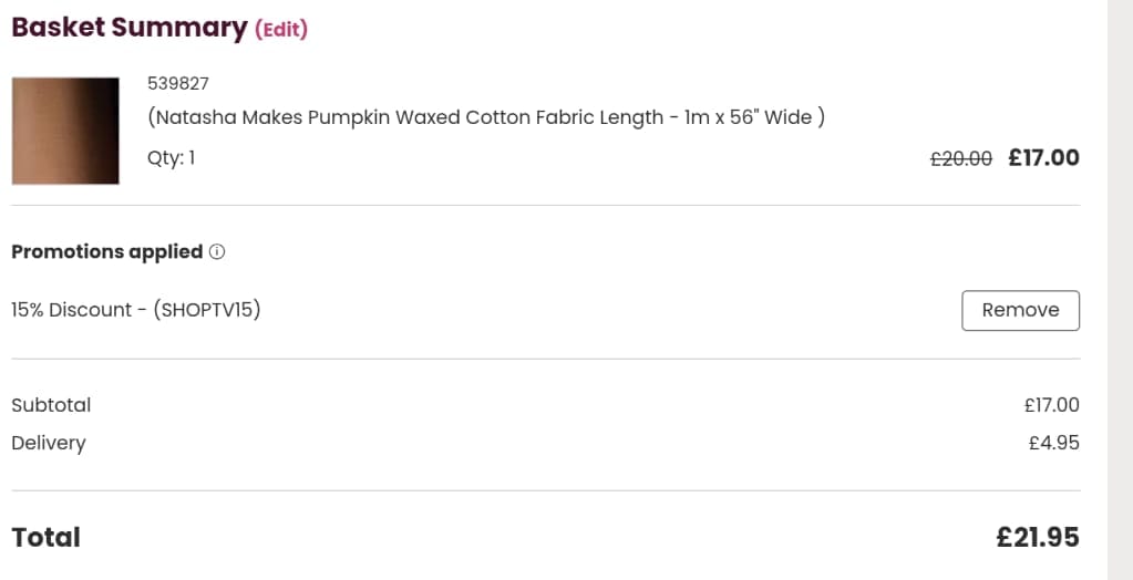 Screenshot of the Hobbycraft discount code working