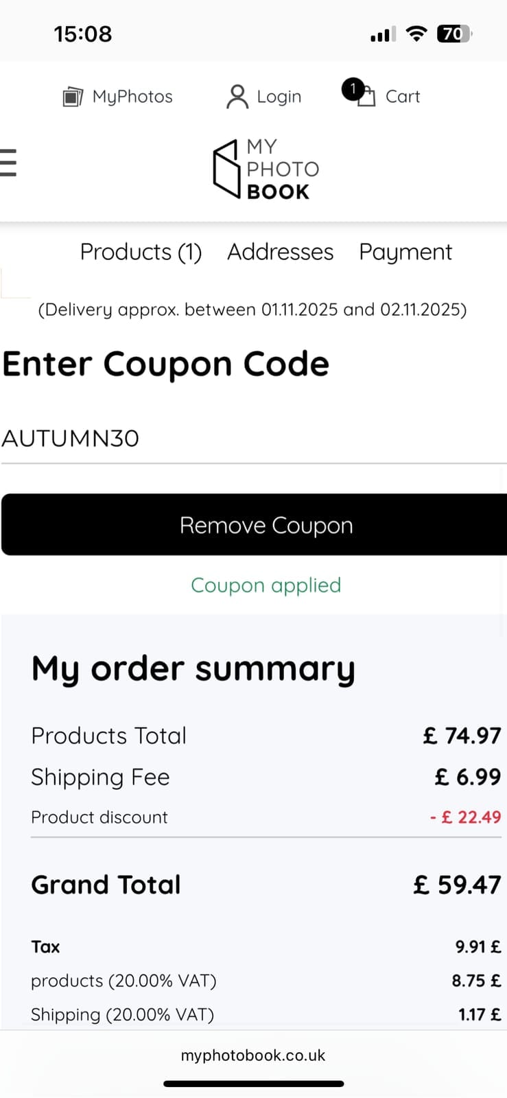 Screenshot of the myphotobook discount code working