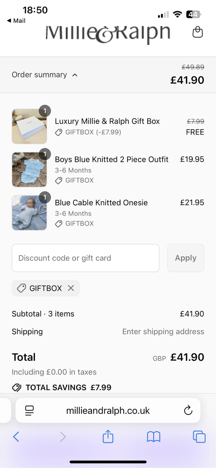 Screenshot of the Millie & Ralph discount code working