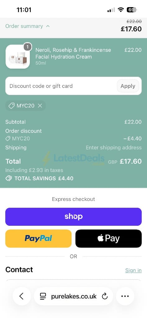 Screenshot of the Pure Lakes discount code working