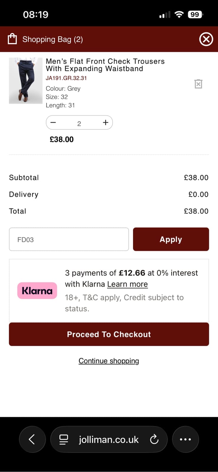 Screenshot of the Jolliman discount code working