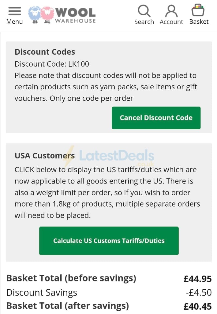 Screenshot of the Wool Warehouse discount code working