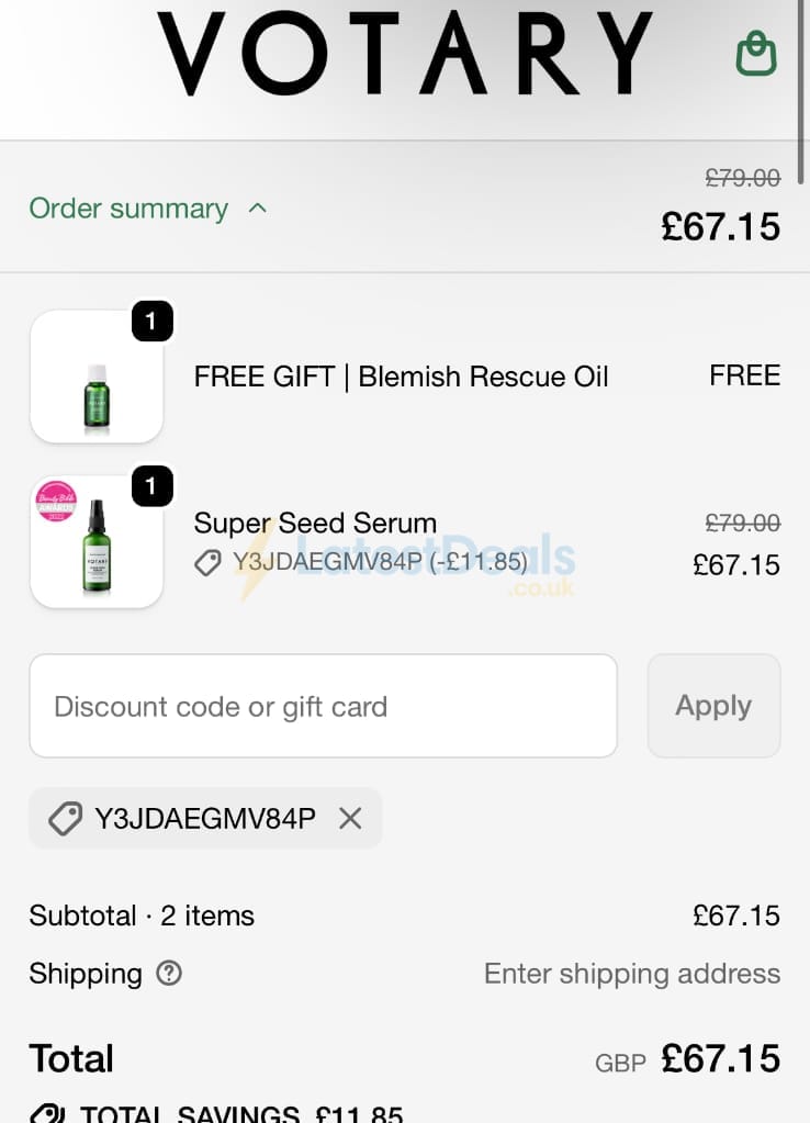 Screenshot of the Votary discount code working