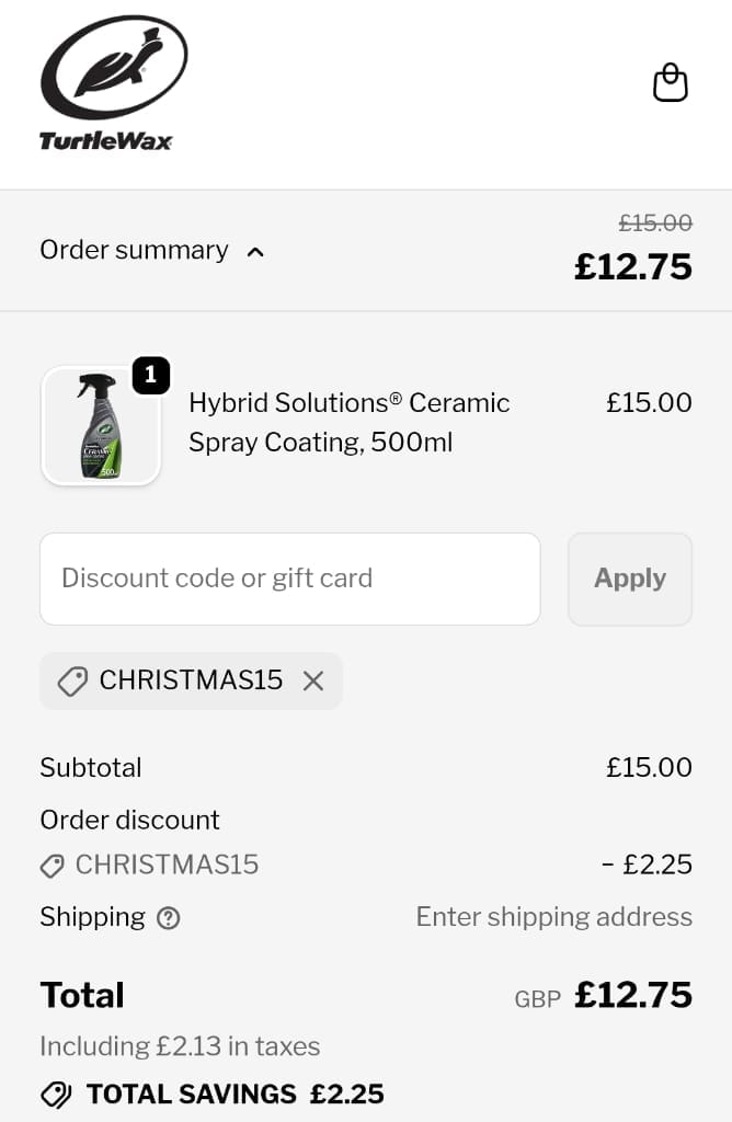 Screenshot of the Turtlewax discount code working