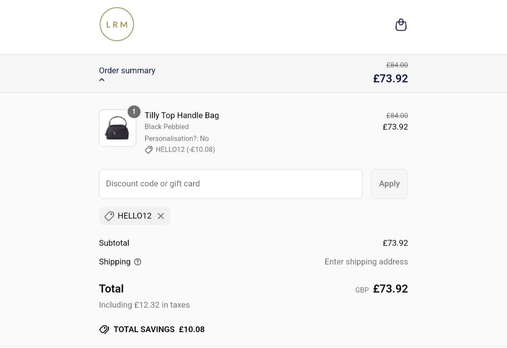 Screenshot of the LRM Goods discount code working