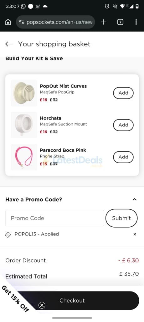 Screenshot of the PopSockets discount code working