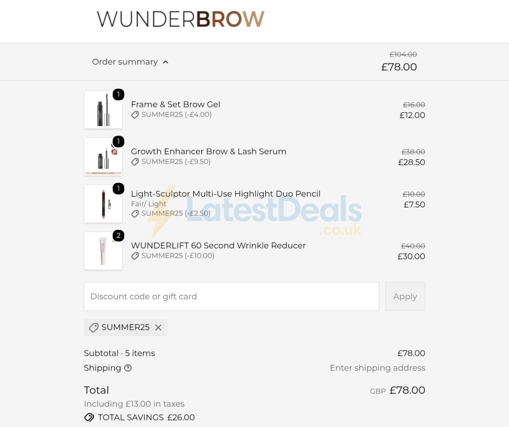 Screenshot of the Wunderbrow discount code working