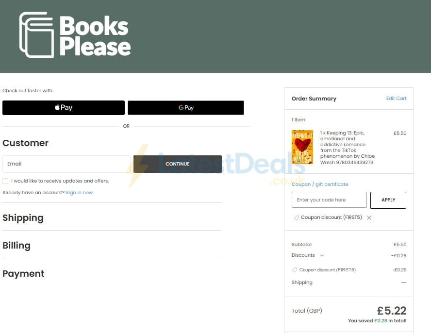Screenshot of the Books Please discount code working