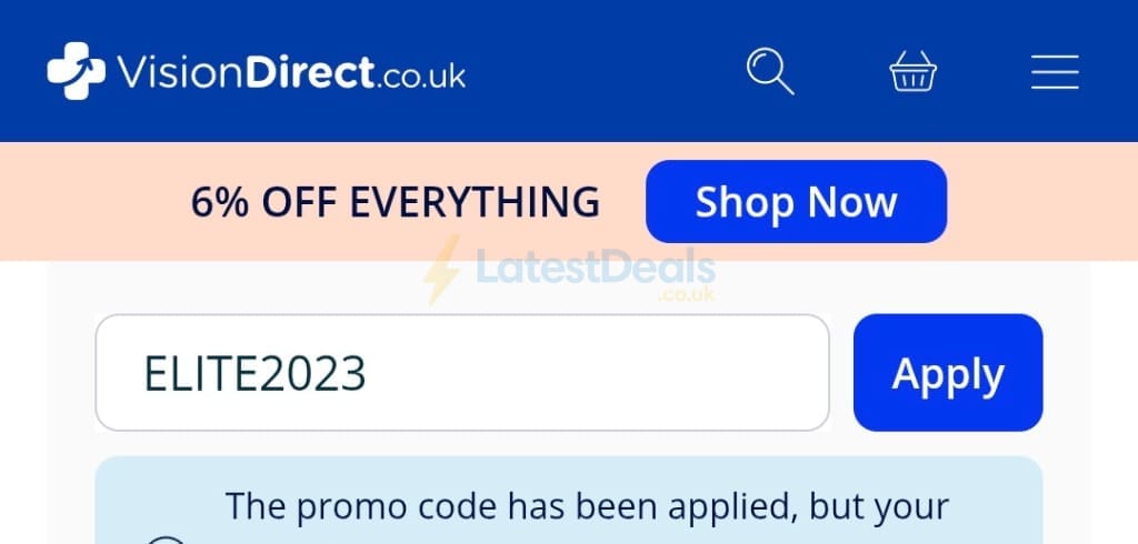 Screenshot of the Vision Direct discount code working