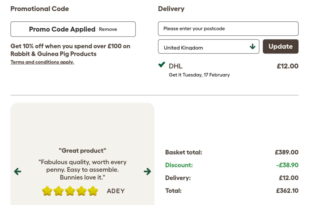 Screenshot of the Omlet discount code working