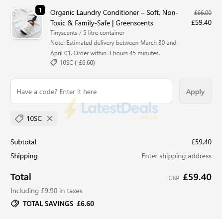 Screenshot of the Greenscents discount code working