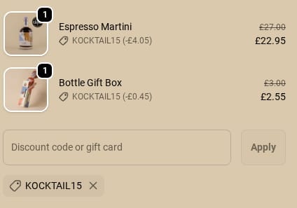 Screenshot of the Kocktail Premium Bottled Cocktails discount code working