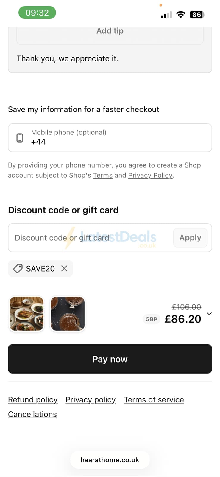 Screenshot of the Haar at Home discount code working