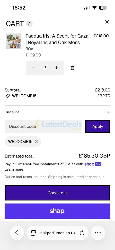 Screenshot of the Rook Perfumes London discount code working