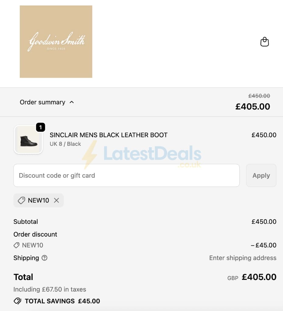 Screenshot of the Goodwin Smith discount code working