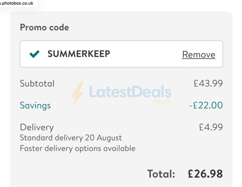 Screenshot of the Photobox discount code working