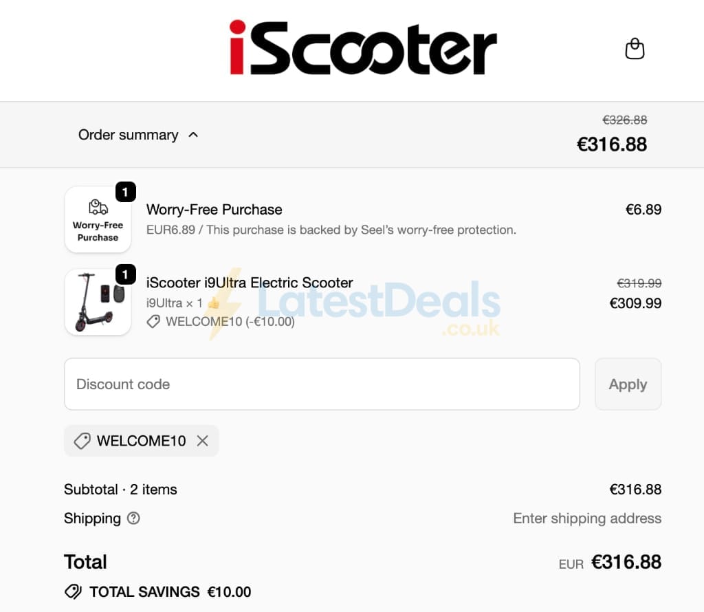Screenshot of the iScooter EU discount code working
