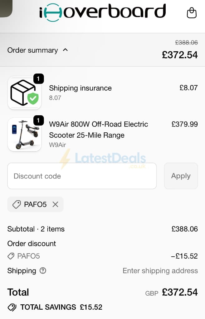 Screenshot of the IHoverBoard discount code working