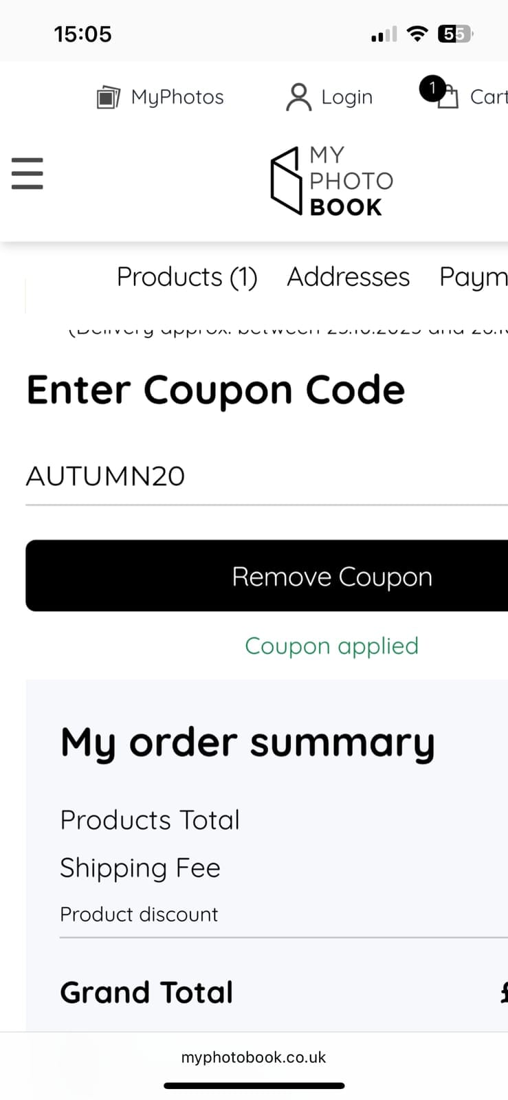 Screenshot of the myphotobook discount code working