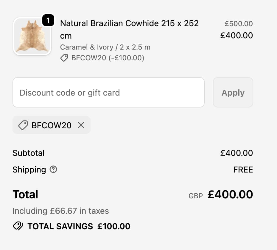 Screenshot of the iCowhide discount code working