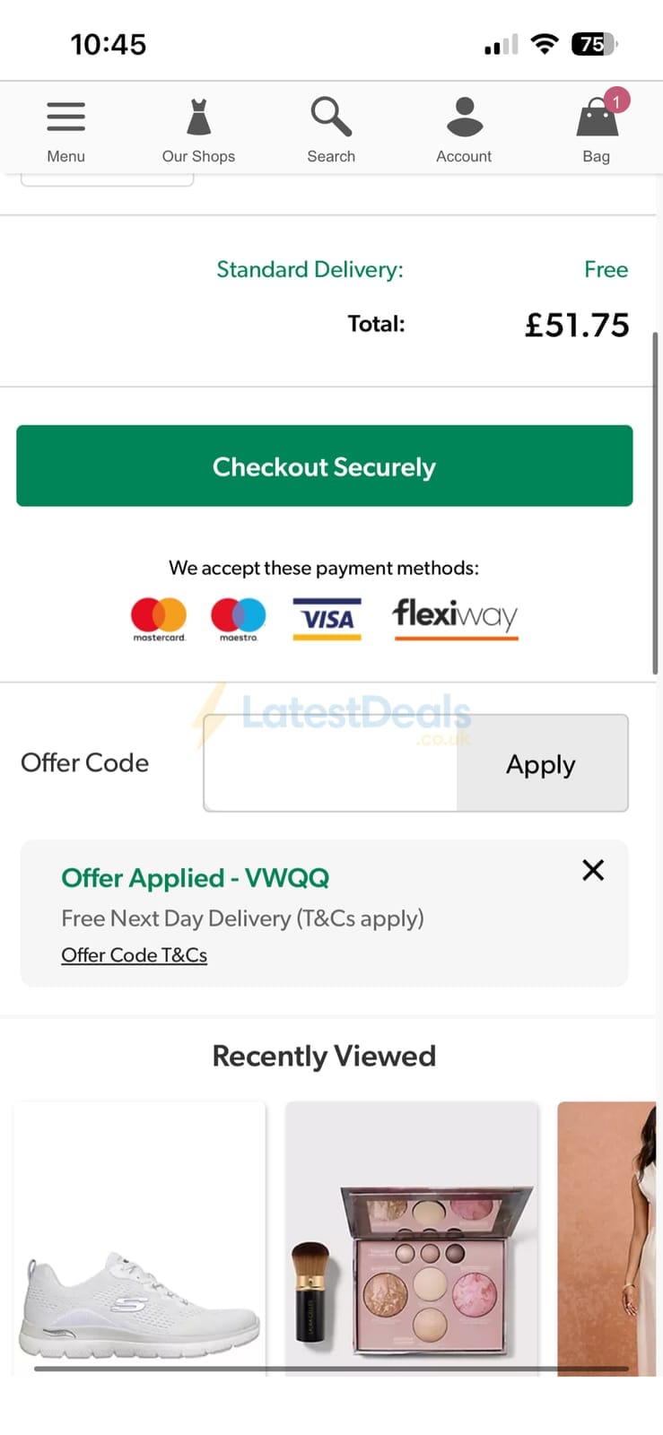 Screenshot of the Curvissa discount code working