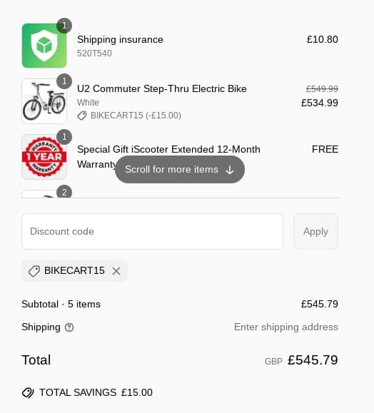 Screenshot of the iScooter discount code working