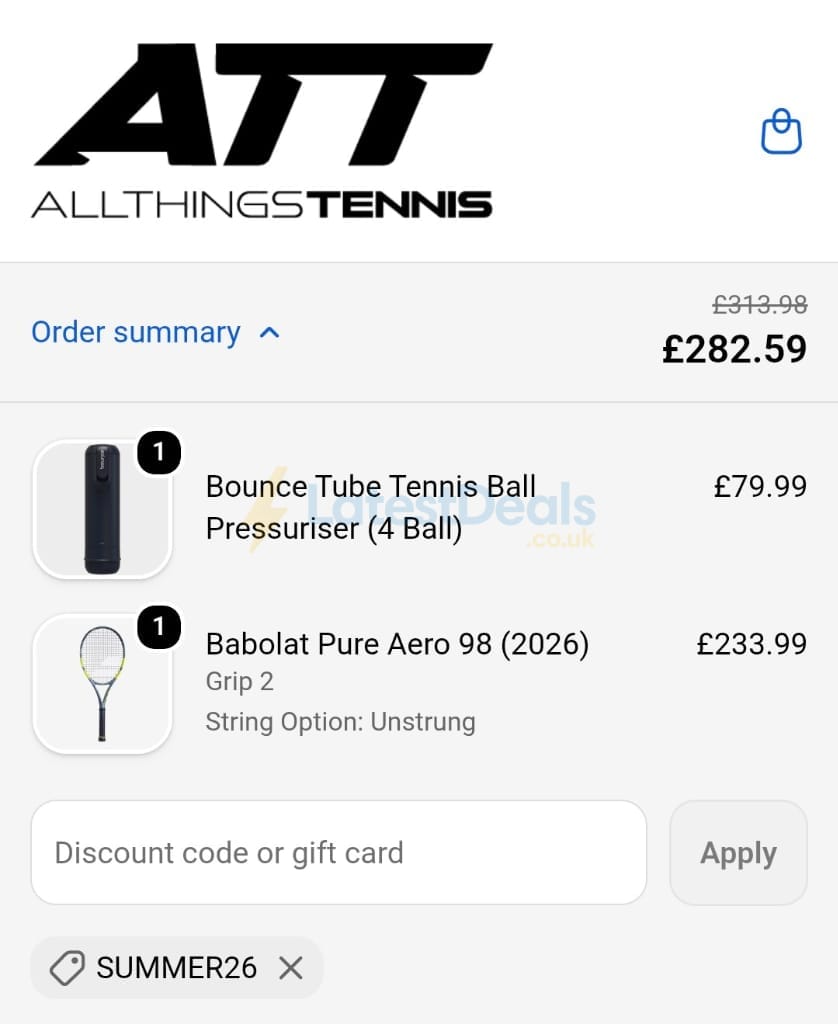 Screenshot of the All Things Tennis discount code working