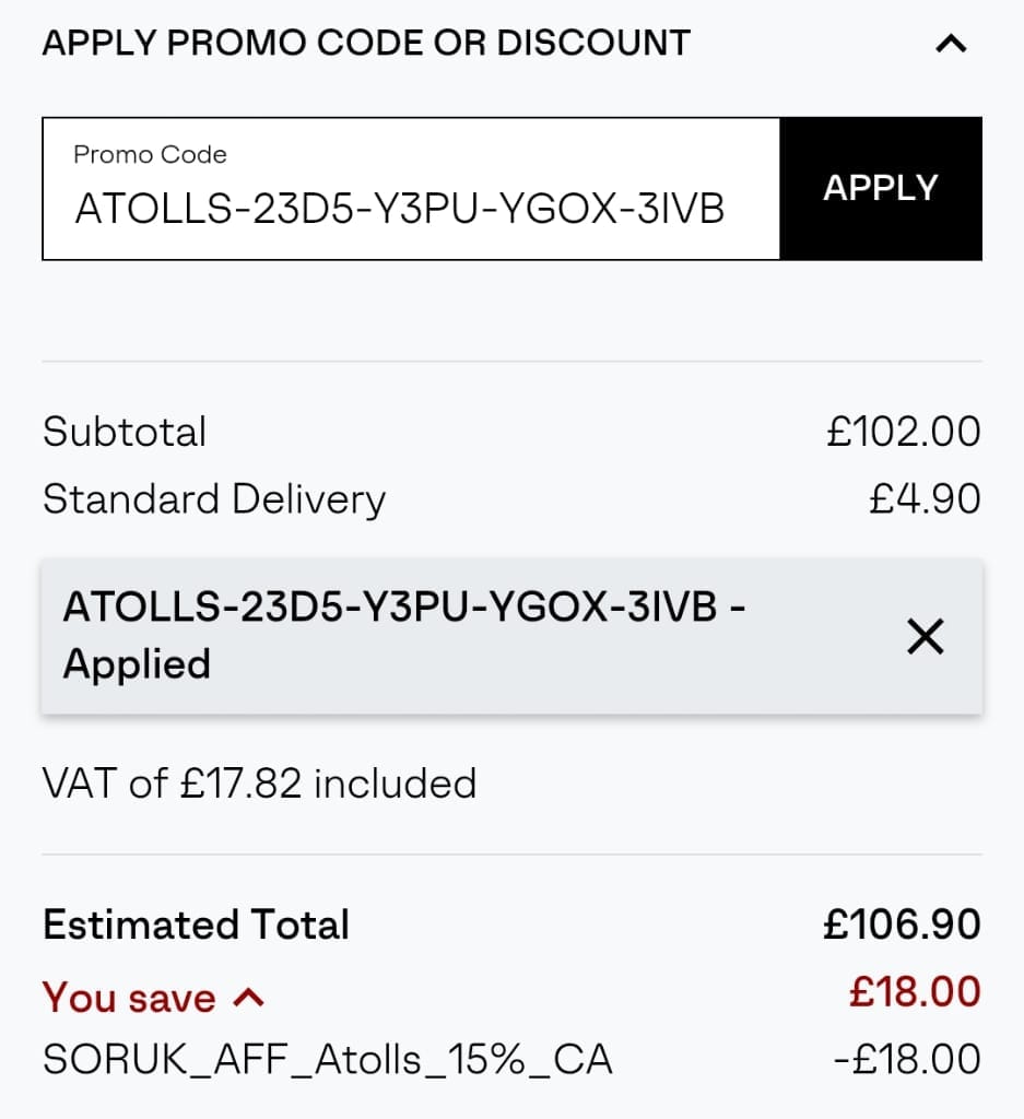 Screenshot of the Sorel discount code working