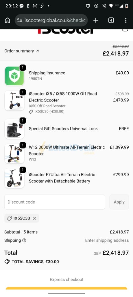 Screenshot of the iScooter discount code working