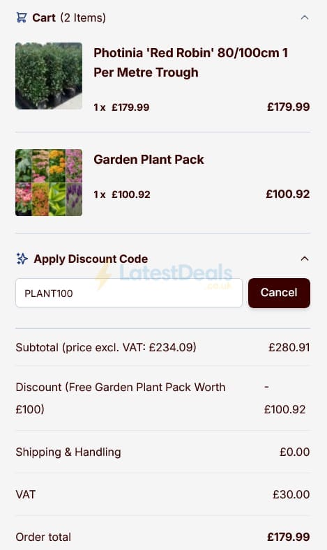 Screenshot of the Hedges Direct discount code working