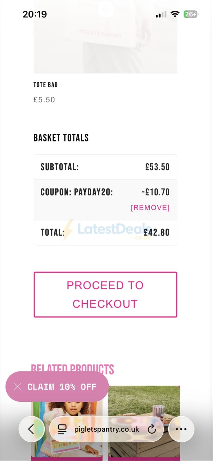 Screenshot of the Piglets Pantry discount code working