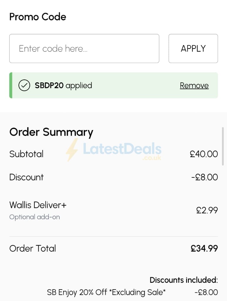 Screenshot of the Wallis discount code working