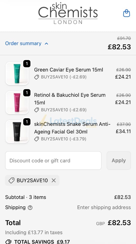 Screenshot of the skinChemists discount code working