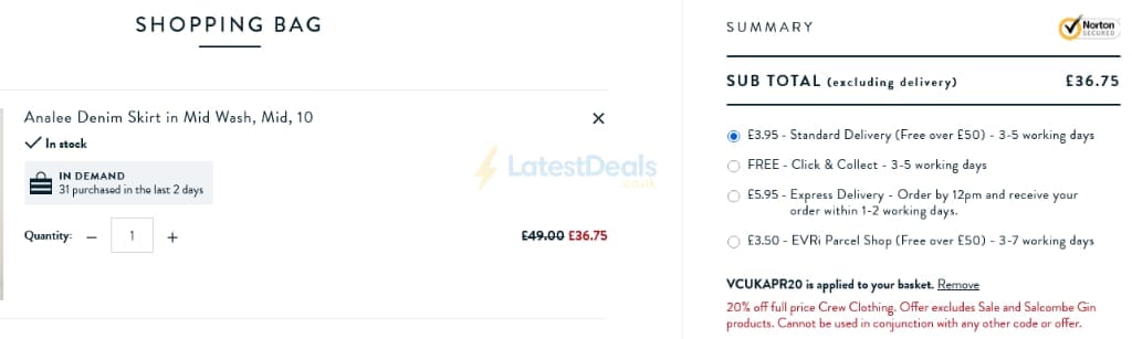 Screenshot of the Crew Clothing discount code working