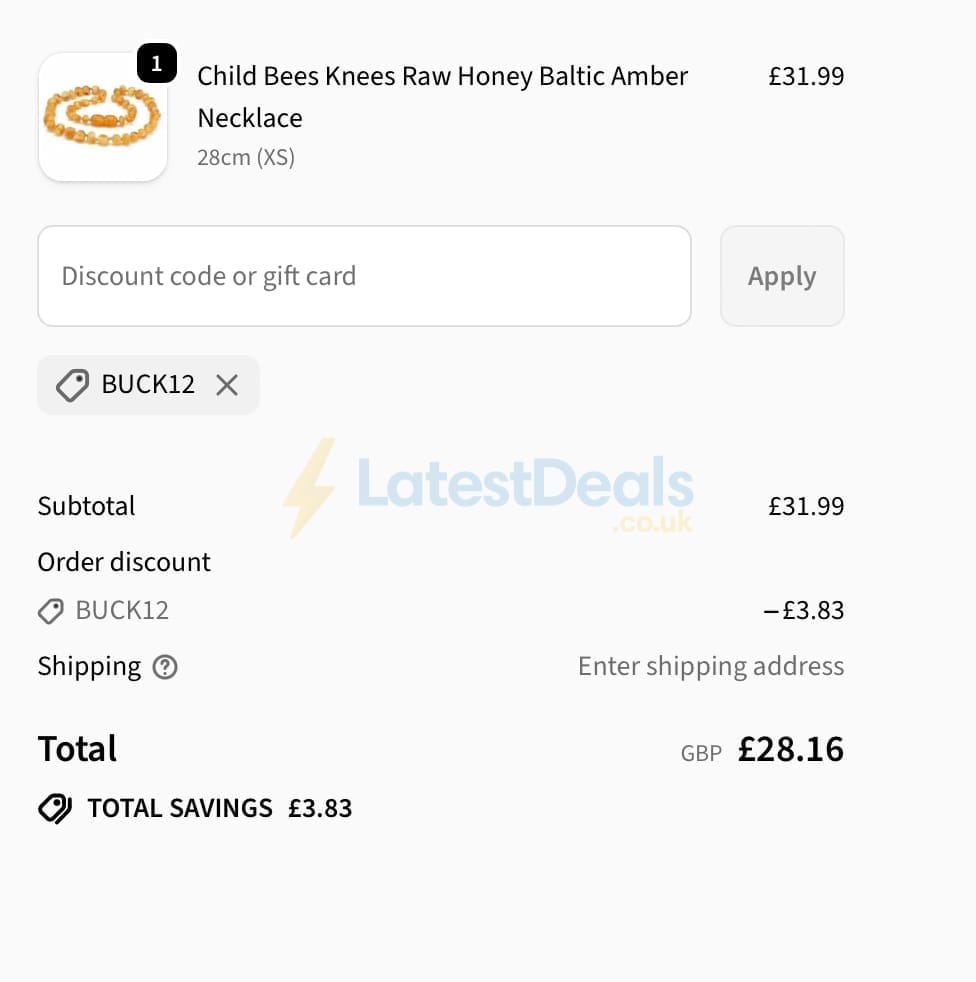 Screenshot of the Love Amber X discount code working