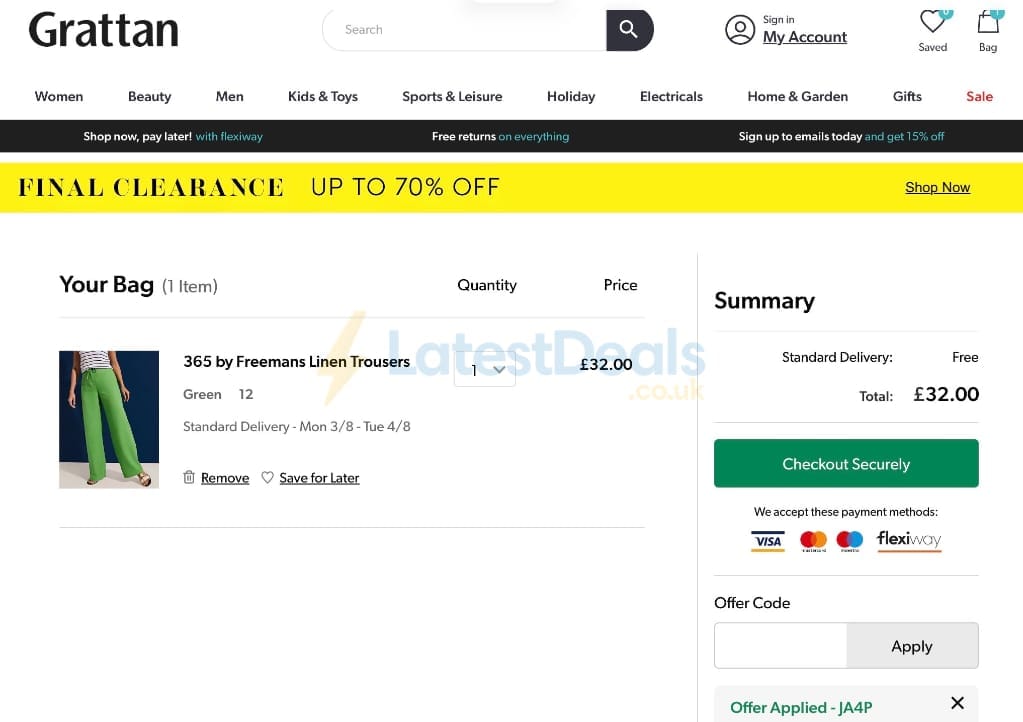 Screenshot of the Grattan discount code working