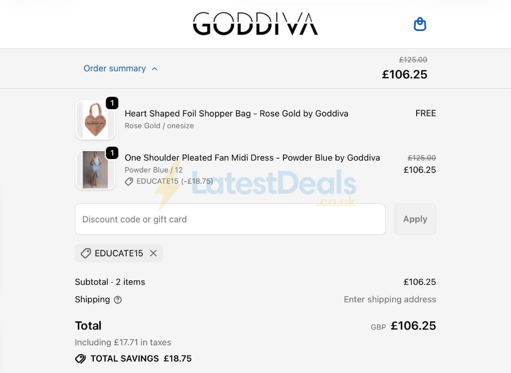 Screenshot of the Goddiva discount code working