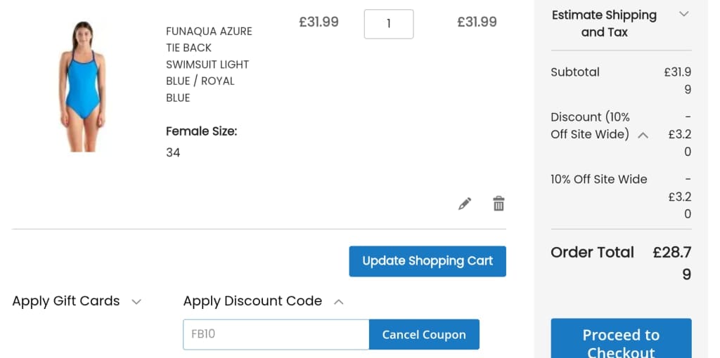 Screenshot of the ProSwimwear discount code working