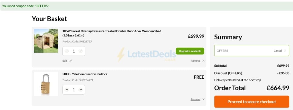 Screenshot of the Shedstore discount code working
