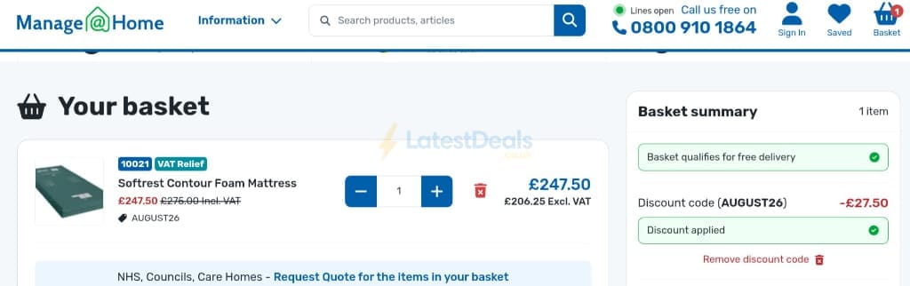 Screenshot of the Manage At Home discount code working