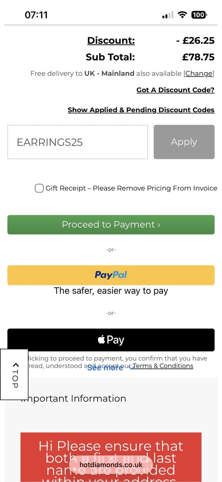 Screenshot of the Hot Diamonds discount code working