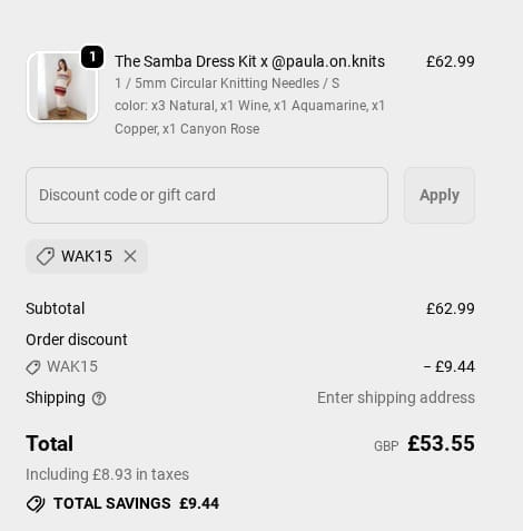 Screenshot of the We Are Knitters discount code working