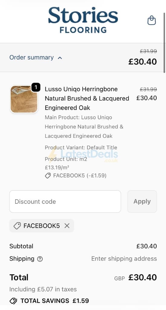 Screenshot of the Stories Flooring discount code working