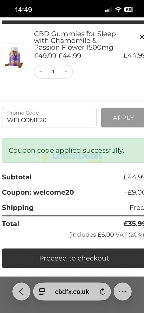 Screenshot of the CBDFX discount code working