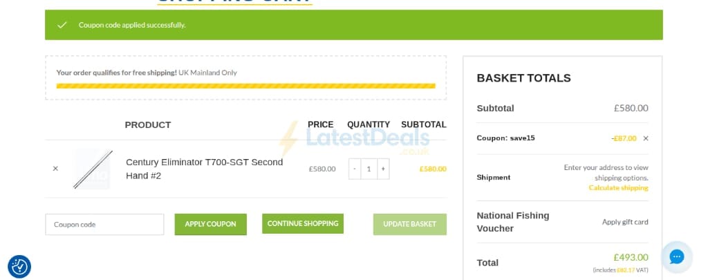 Screenshot of the Veals Mail Order discount code working